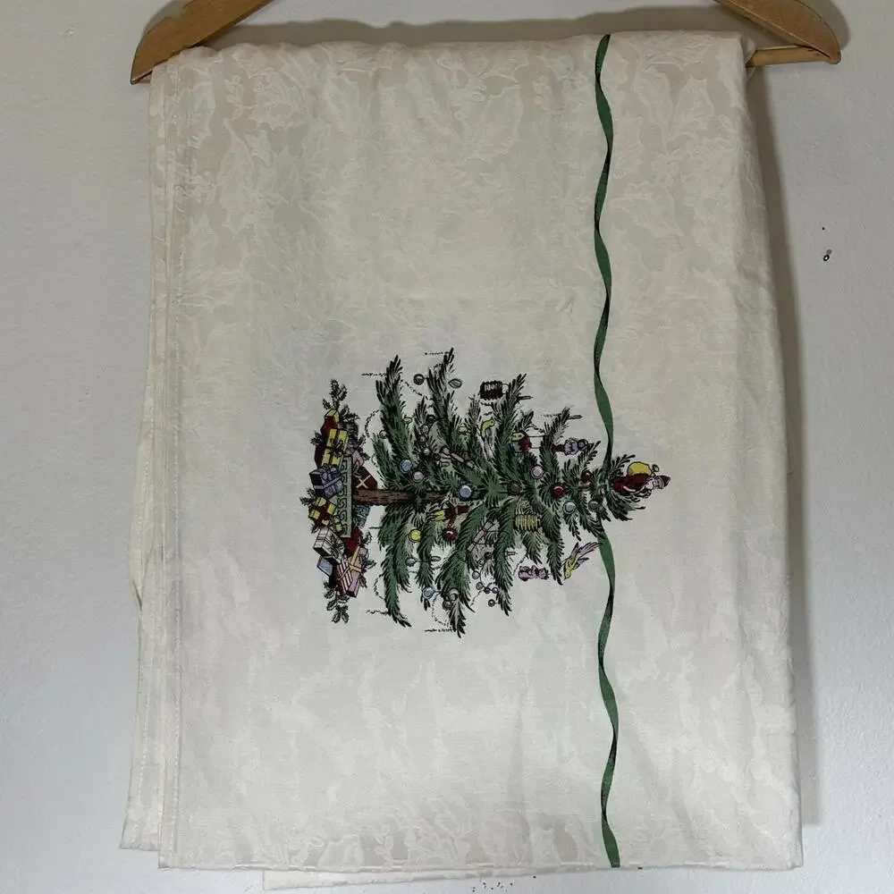 Spode Christmas Tree Tablecloth 114x56 Ivory Green Holiday Cotton Blend